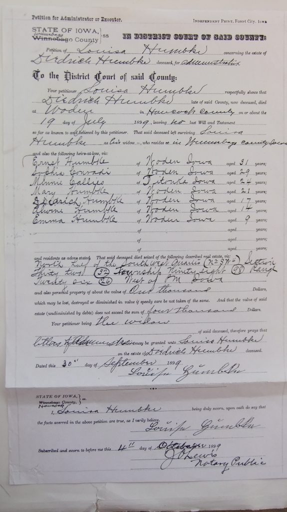 Oct. 4, 1899 Declaration of heirs and land of Dietrick Humbke estate