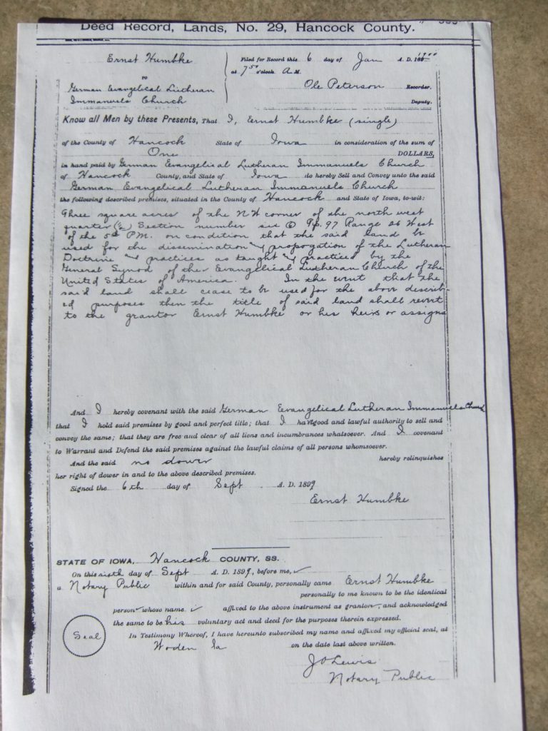 Agreement that Land must be used for a German Lutheran Church or reverts to heirs.