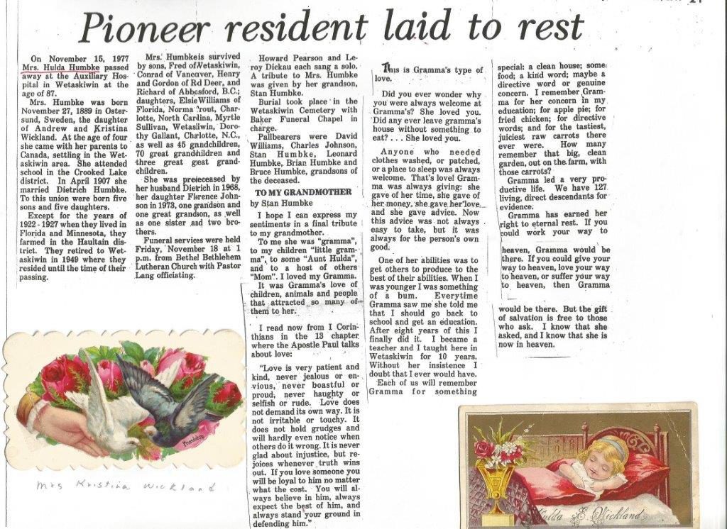 Hulda Humbke (Wickland) obituary