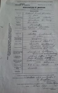 Registration of marriage for Dick HUMBKE & Hulda WICKLAND on 24APR1907 in Wetaskiwin, Alberta
