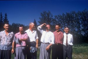 1950 Photo Wetaskiwin ABL to R - Fred 1910, Conrad1915, Henry 1917, Gordon 1919, Richard 1927 with their father Dick Humbke 1882