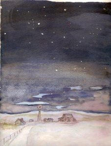 Painting of A Winter Night at the HUMBKE farm - Haultain District, Wetaskiwin County by Dorothy (HUMBKE) GALLANT
