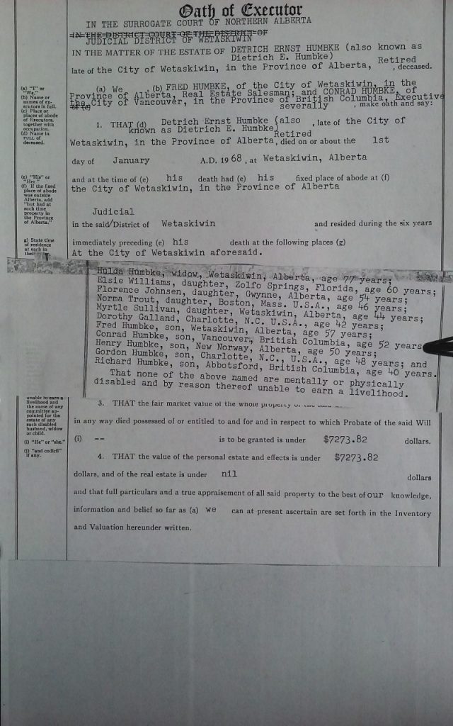 1968 Probate of Dietrich Ernest Humbke's WILL of 1950. (p. 1 of 6)