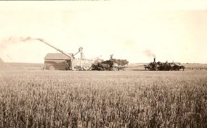 Humbke steam threshing outfit in the 1930's and 40's consisting of machine, horse and man power. It took 6 plus teams of horses and men to keep a big threshing machine running.